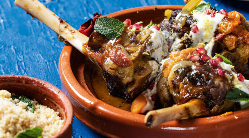 Lamb shank tagging with mint couscous. Image: Highbury Media.